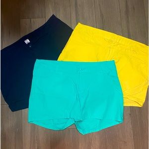 3 Pairs Shorts: Navy, Turquoise, Buttercup Yellow. All size 16p.